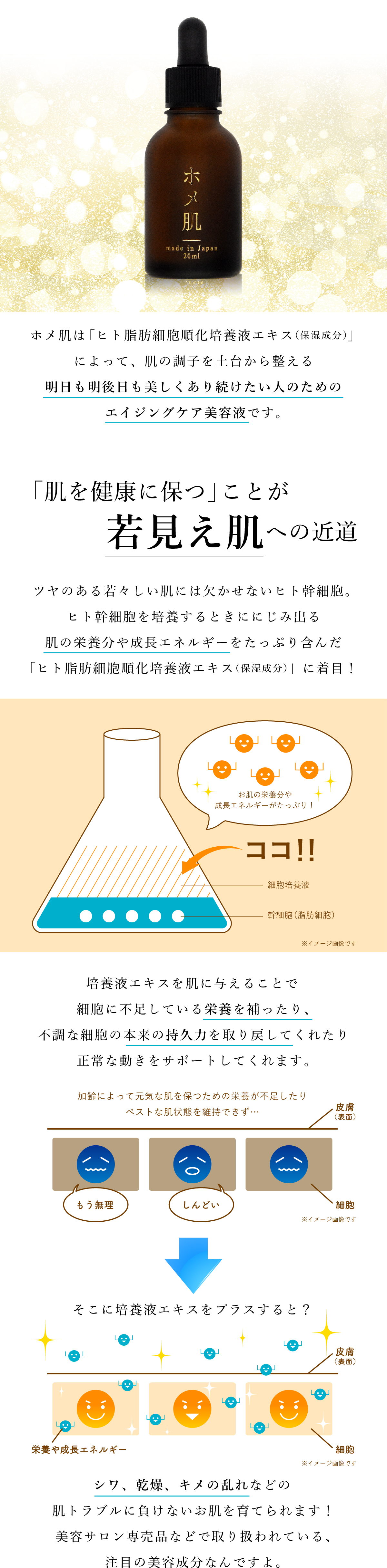 ミラブルユーザーのお肌を健康に保つスキンケア「ホメ肌」を作りました。ホメ肌とは「ヒト脂肪細胞順化培養液エキス（保湿成分）」によって、肌の調子を土台から整えるエイジングケア美容液です。