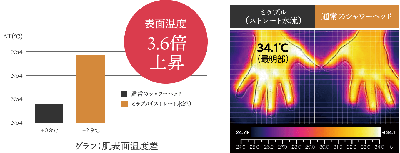 肌表面温度差を示したグラフとサーモグラフ